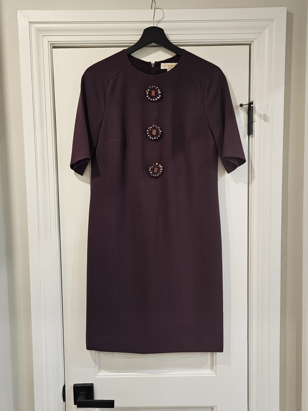 Tory Burch Plum Short-Sleeve Embellished Shift Dress